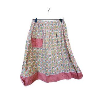 Vintage Floral Print Apron Skirt With Pocket & Tie Waist Cotton Blend Pink & Ora